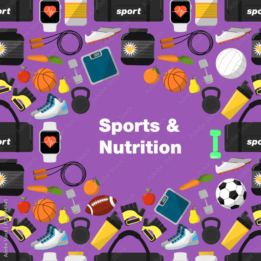 Sports and nutrition seamless pattern, vector illustration in flat