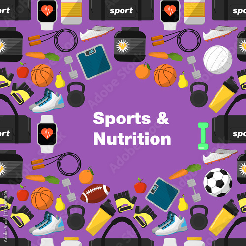 Sports and nutrition seamless pattern, vector illustration in flat style. Different athletic equipments and nutrition supplements around text on purple background.