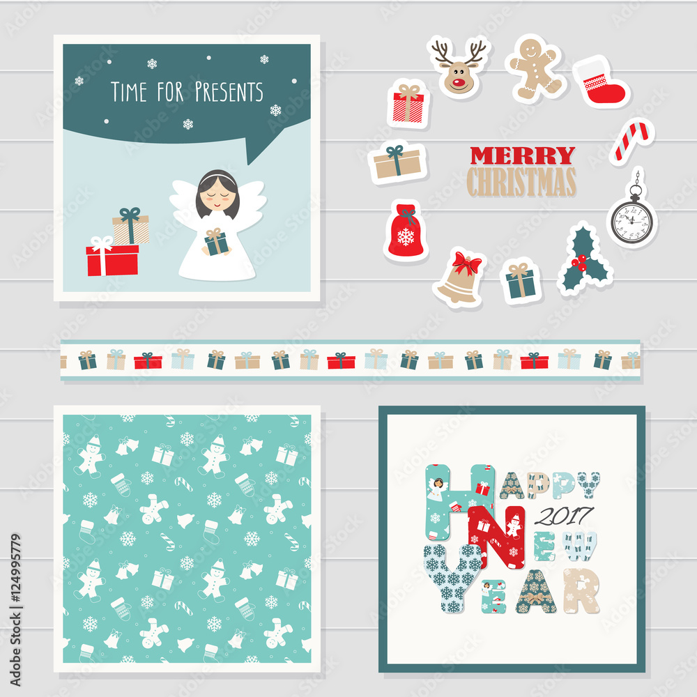 Merry Christmas and Happy New Year 2017 templates set. Greeting cards, decorative ribbon and cute stickers. Seamless pattern added in swatches.