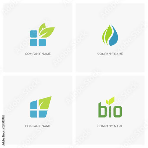 Eco and nature vector logo. Bricks or blocks with fresh leaves, water drop and green leaf balance, letters bio with sprout - ecology, spring, and environment icons.
