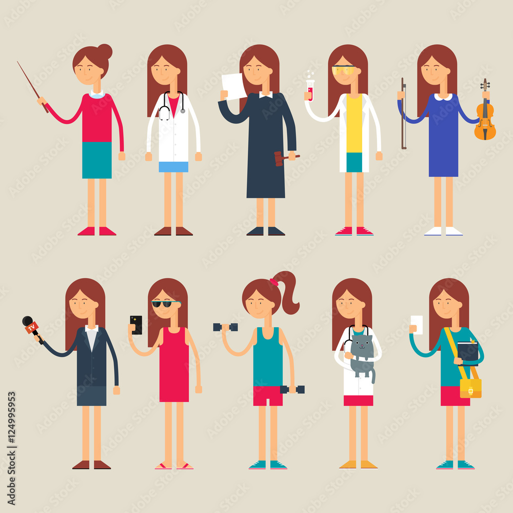 Set of vector female characters, occupations