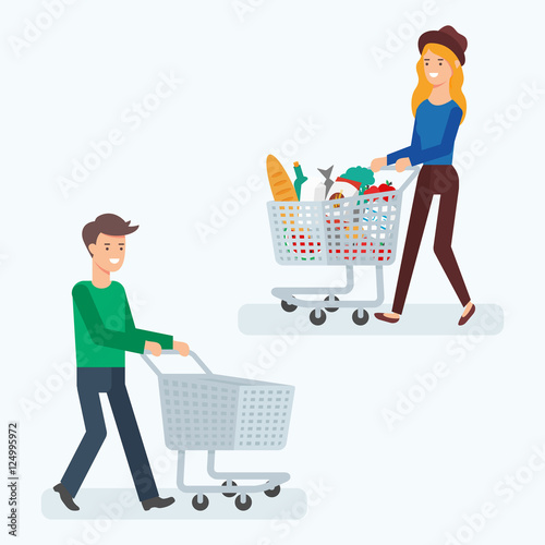 Vector illustration of man and woman with shopping carts