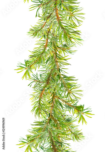 Christmas tree border - fir  branches. Watercolor frame strip