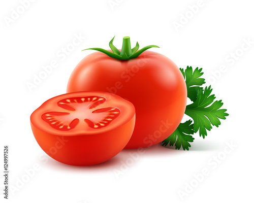 Vector Big Ripe Red Fresh Cut Whole Tomatoes with Parsley Close up Isolated on White Background