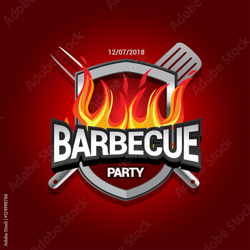 Barbecue party design with fire on shield, Barbecue invitation. Barbecue logo. BBQ template menu design. Barbecue Food flyer. Barbecue advertisement. Barbecue ad design.