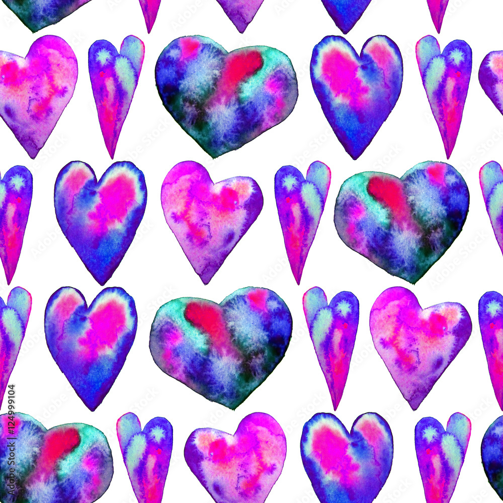 Seamless pattern with red watercolor hearts. Background romantic design. Happy Valentine's day or background.