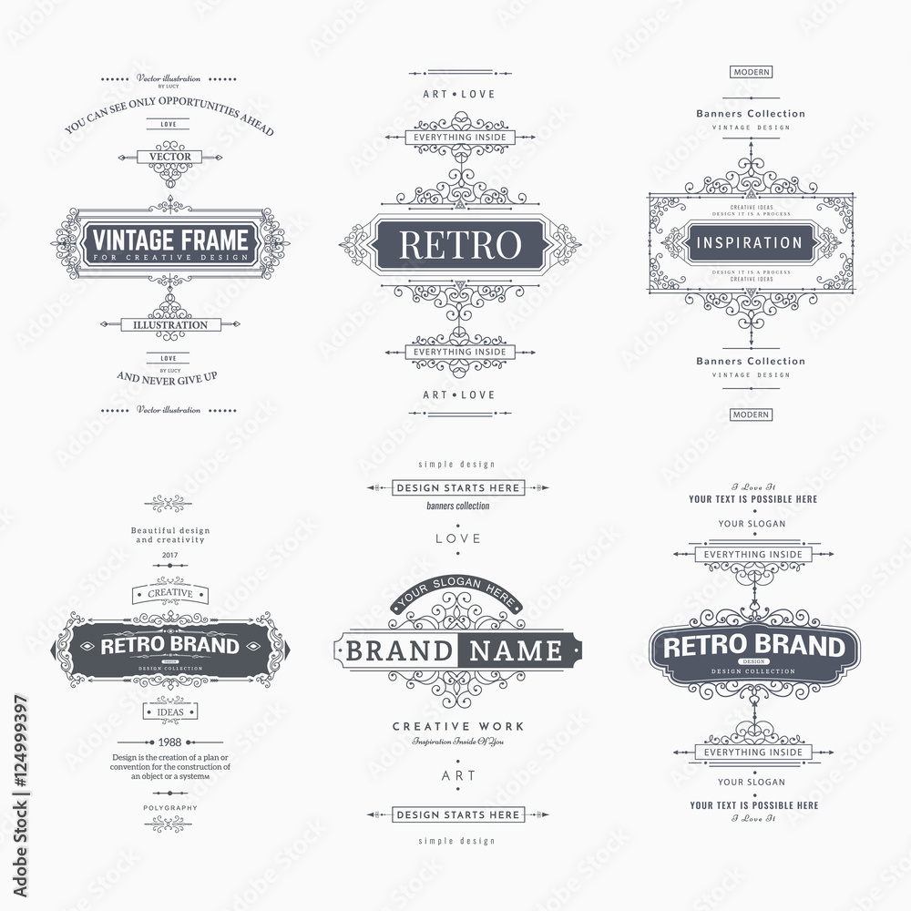 Set of creative vector templates for logos, label or banners on the theme of quality and business in vintage style. Flourishes calligraphic elements. Design frame and page decor Set of creative vector templates for logos, label or banners on the theme of quality and business in vintage style. Flourishes calligraphic elements. Design frame and page decor