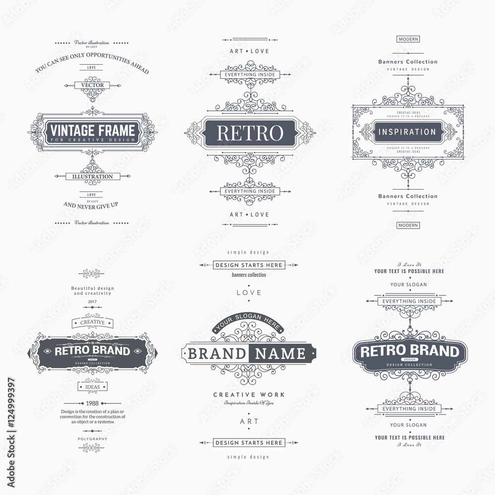 Set of creative vector templates for logos, label or banners on the theme of quality and business in vintage style. Flourishes calligraphic elements. Design frame and page decor