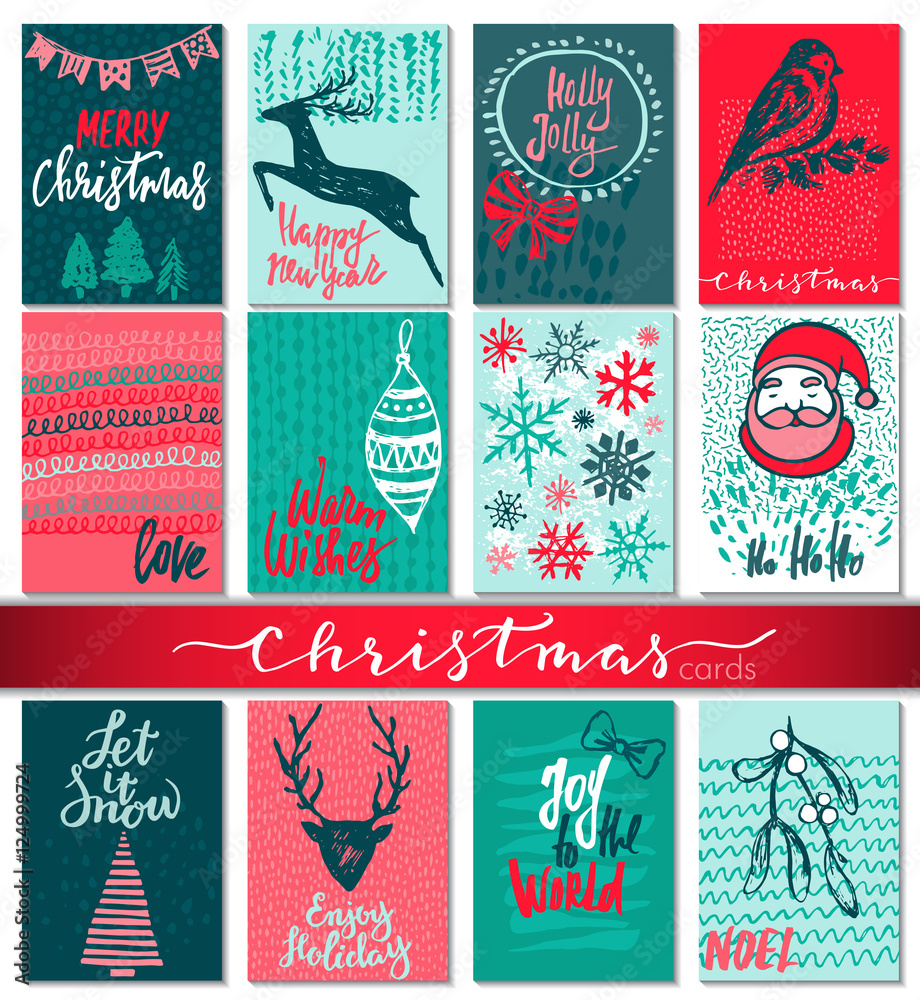 Collection of nine Christmas cards with hand drawn elements.