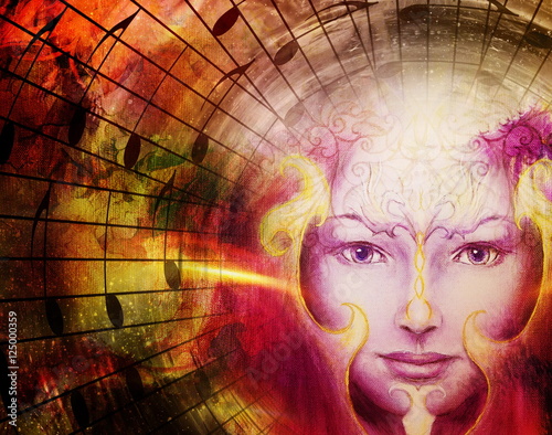 Canvas-taulu beautiful face of mystical being with music notes, symbol of the muse of music with phoenix birds sign on head in space