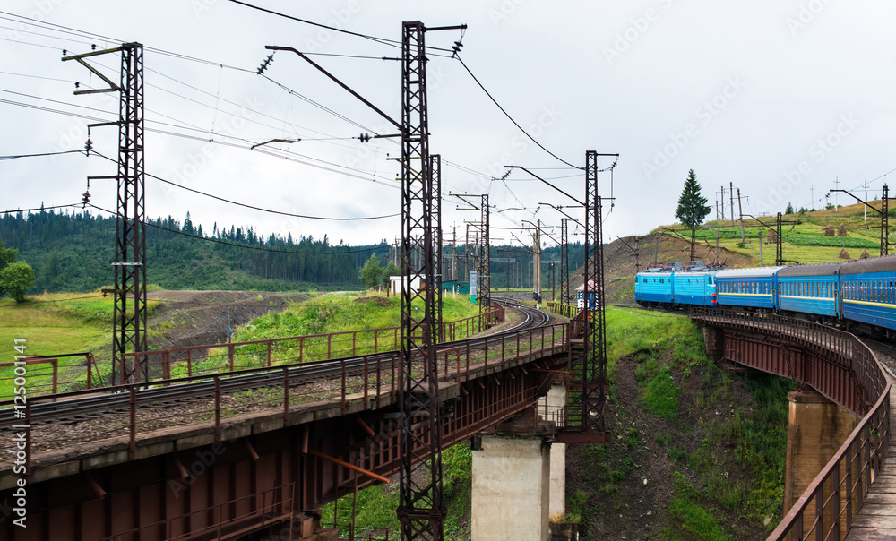 Train going across the bridge in the Carpathians Train going across the bridge in the Carpathians