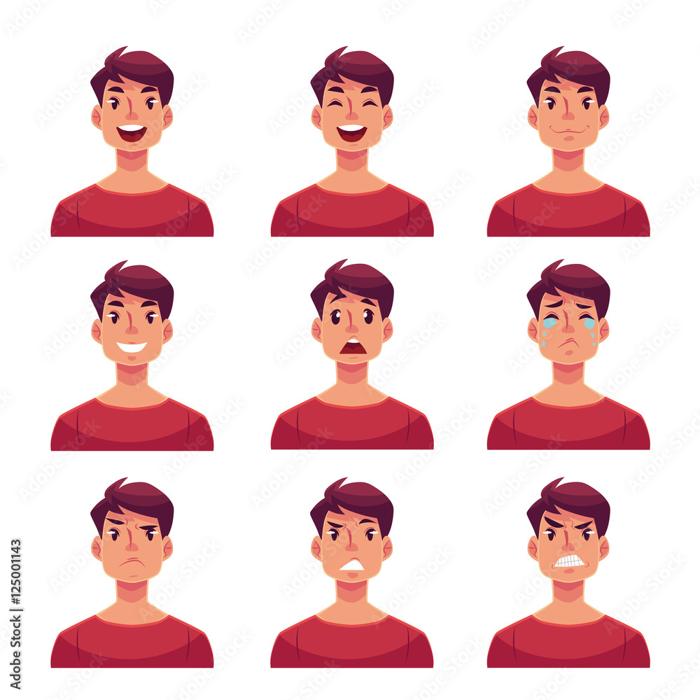 Young man face expression, set of cartoon vector illustrations isolated on white background. Handsome boy emoji face icons, human expressions, set of male avatars with different emotions Stock Vector | Adobe Stock Young man face expression, set of cartoon vector illustrations isolated on white background. Handsome boy emoji face icons, human expressions, set of male avatars with different emotions Stock Vector | Adobe Stock