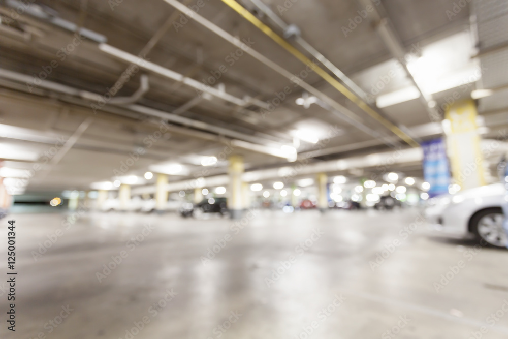 Blurred image, Parking garage  interior underground parking with