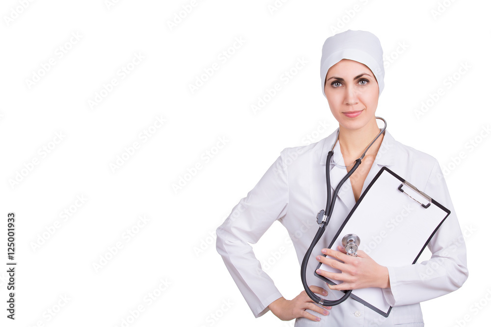 Portrait of a friendly female doctor isolated on white Portrait of a friendly female doctor isolated on white