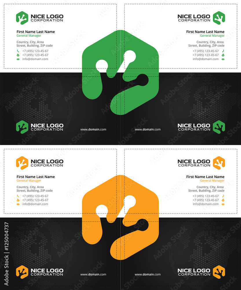 Obraz premium frog footprint business cards, black green yellow colors, with a global world map