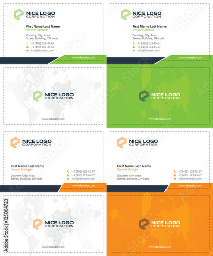 orange and green colors, modern business cards with the striped world map