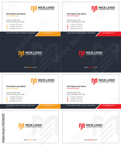 m and e letters business cards, dark blue, yellow and red colors