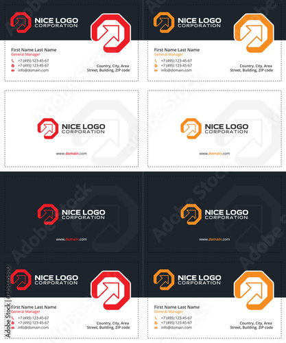 arrow and hexagon colored business cards, dark blue, red and yellow colors
