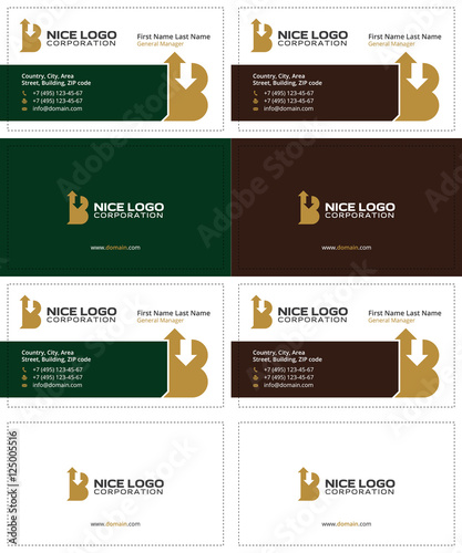 letter B with arrows up and down business cards, gold, dark green and dark brown colors