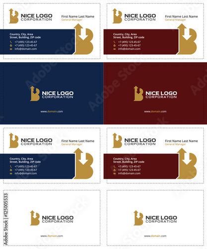 letter B with arrows up and down business cards, gold, dark blue and dark red colors