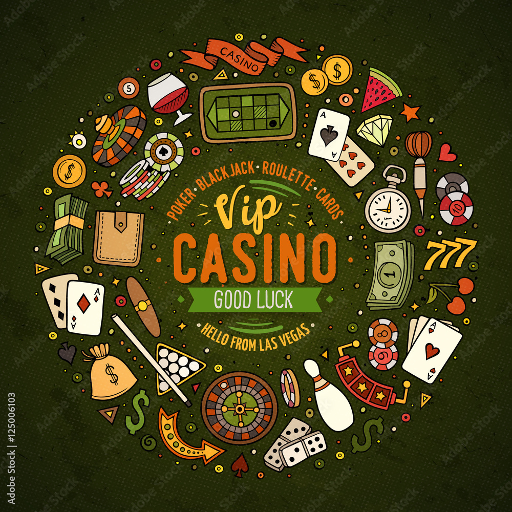 Set of Casino cartoon doodle objects, symbols and items