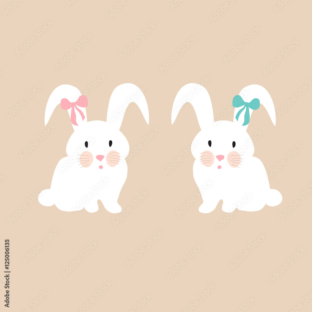 cute bunnies with pink and blue bow, illustration set for baby fashion cute bunnies with pink and blue bow, illustration set for baby fashion