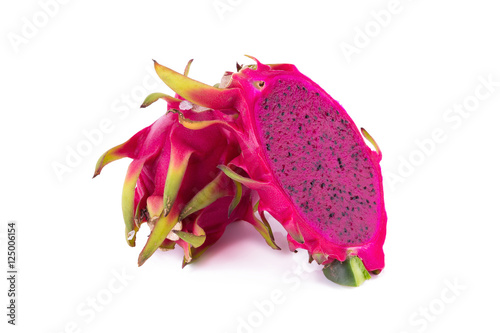 Sliced red dragon fruit isolated on white background.