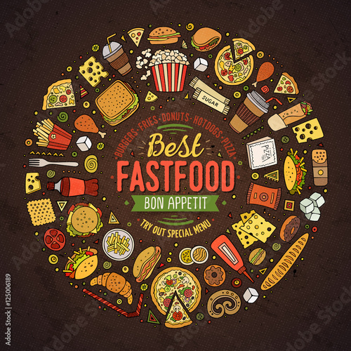 Set of Fast food cartoon doodle objects, symbols and items