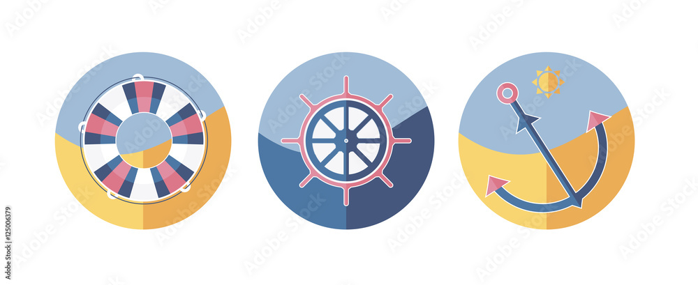 Summer flat design icons with anchor, sun and helm Summer flat design icons with anchor, sun and helm