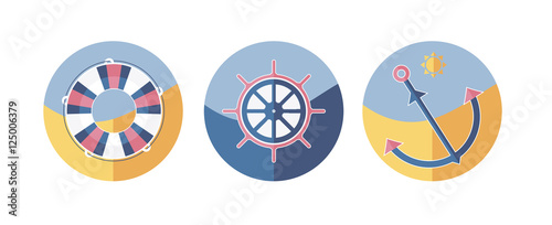 Summer flat design icons with anchor, sun and helm