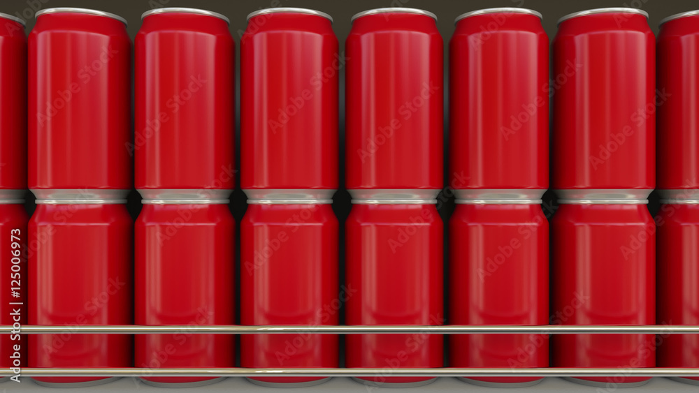 Red cans with no logo at supermarket. Soft drinks or beer on grocery store shelf. Modern recycling packaging. 3D rendering Red cans with no logo at supermarket. Soft drinks or beer on grocery store shelf. Modern recycling packaging. 3D rendering