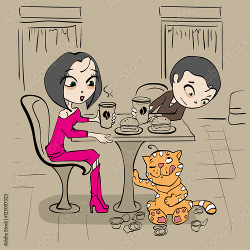 Loving couple in cafe at table and funny cat