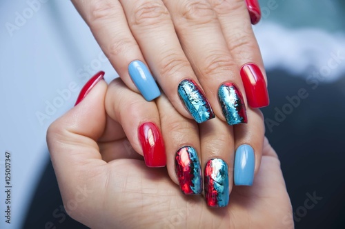 blue red manicure with a foil on the long square nails