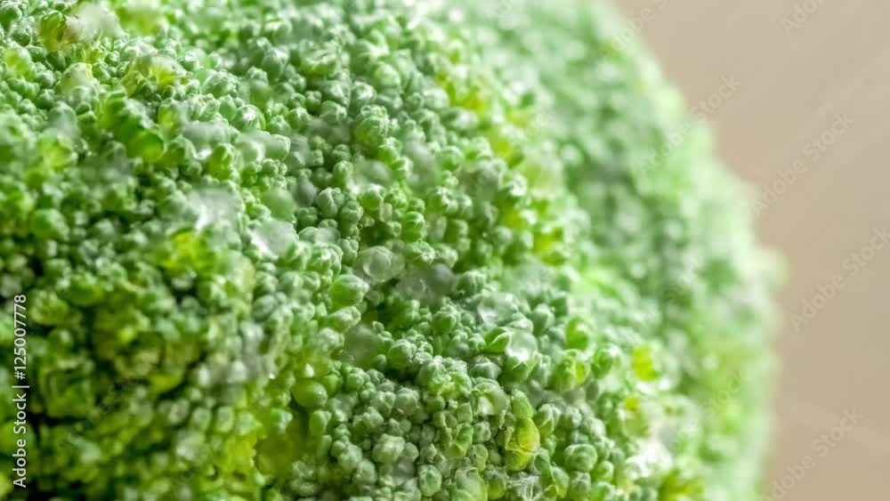 Green fresh broccoli in a closeup view as clean liquid water sprays over the vegetable Green fresh broccoli in a closeup view as clean liquid water sprays over the vegetable