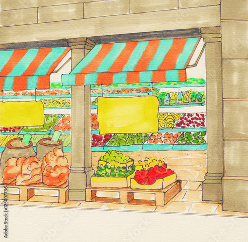 Fruits and Vegetables Shop. Farmers market. Village market. Local Produce. Fresh organic food store. Sketch.