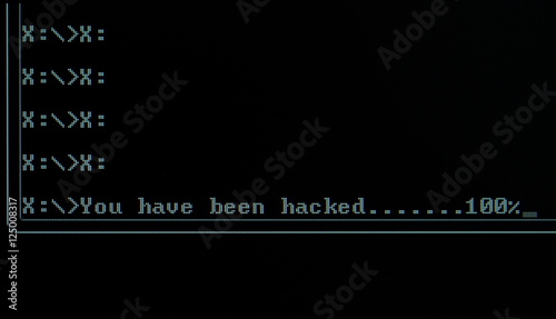 Computer screen shot text You have been hacked 100%