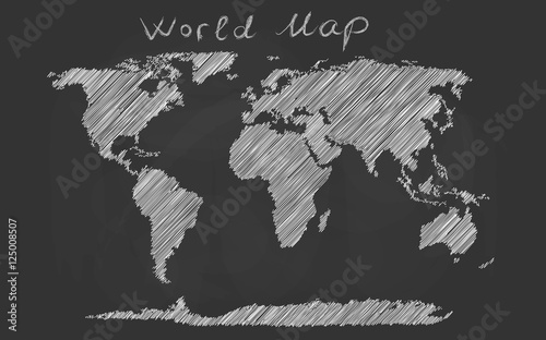 Fototapeta Naklejka Na Ścianę i Meble -  World map hand drawn chalk sketch on a blackboard