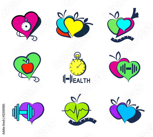 Set Wellness symbols. Healthy food and fitness.