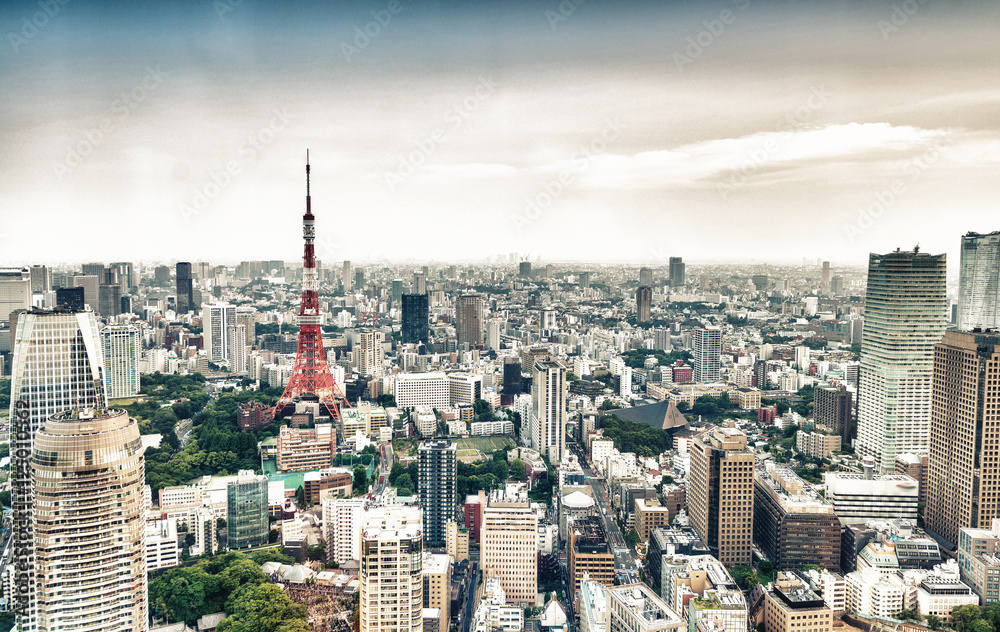 Tokyo skyscrapers and Tokyo Tower aerial view