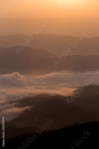 Fototapeta Naklejka Na Ścianę i Meble -  Morning sunrise in mountain and sea of fog in Doi Samer Dao Nan province Thailand national park