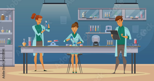 Scientists In Lab Retro Cartoon Poster 