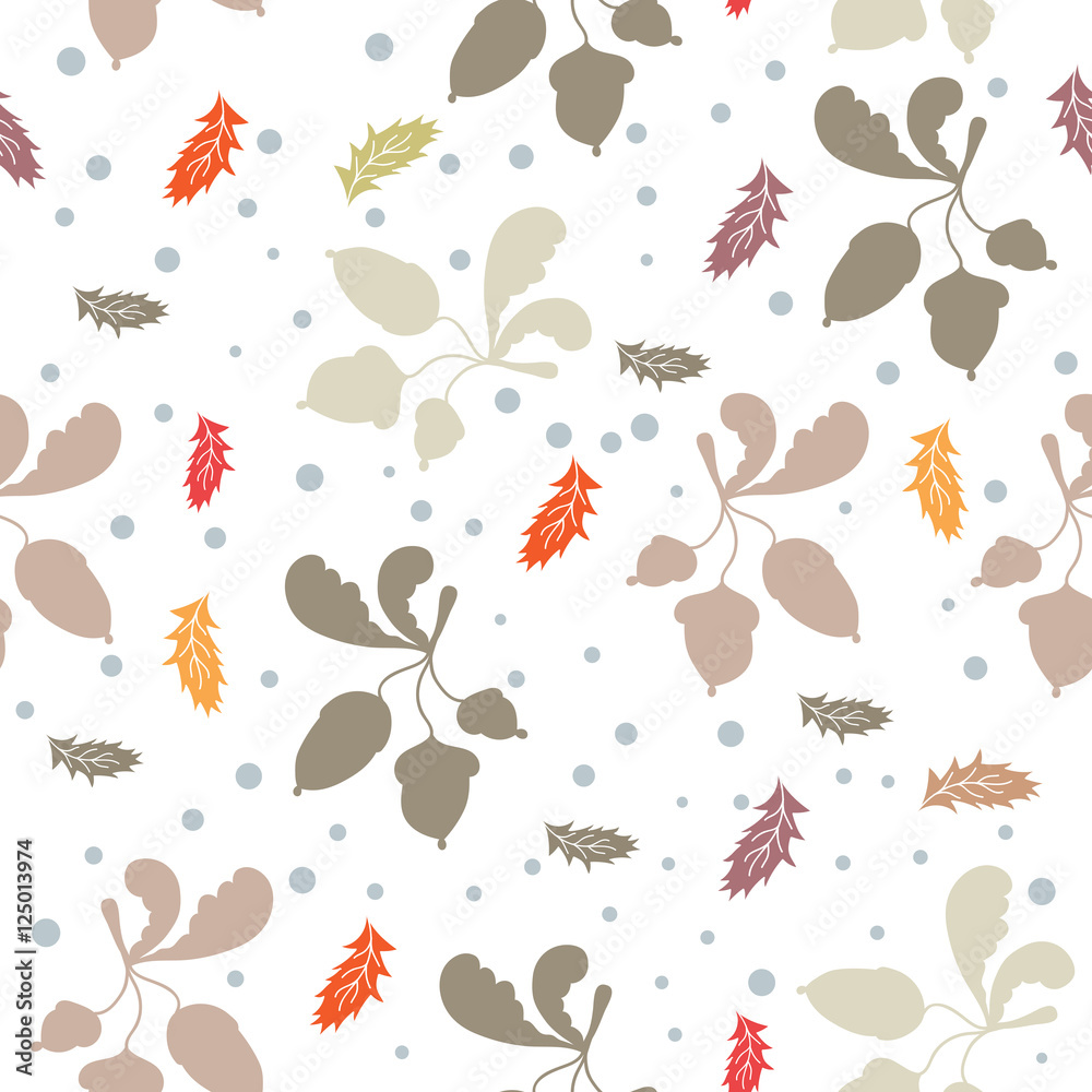 Late autumn vector seamless pattern. Falling leaves, acorns and snow on white background. Illustration for textile, wrap or wallpaper. Late autumn vector seamless pattern. Falling leaves, acorns and snow on white background. Illustration for textile, wrap or wallpaper.
