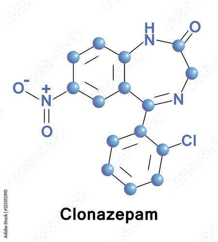 Clonazepam is a medication used to prevent and treat seizures, panic disorder, and for the movement disorder known as akathisia, a tranquilizer of the benzodiazepine class. Vector medical formula.