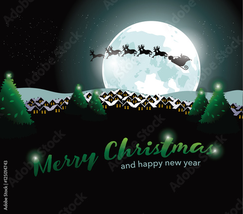 Santa Claus flying through the night sky. With Merry Christmas and Happy New Year text. EPS 10 vector.