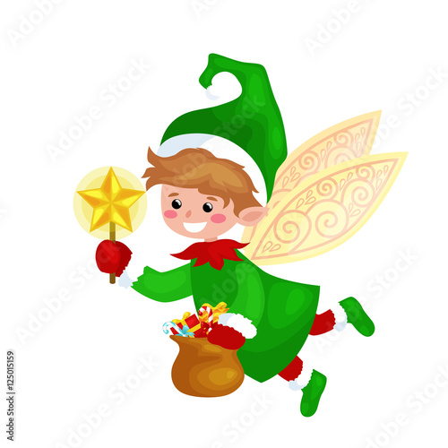 Flying Christmas elf isolated with wings and magic wand star in a green suit with bag of sweets, assistant of Santa Claus, helper holding candy pot for happy new year