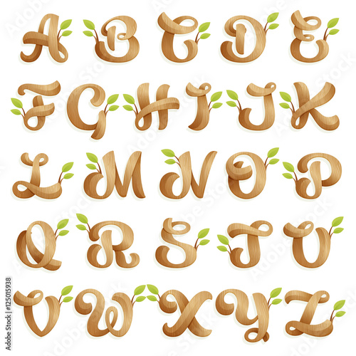 Alphabet logos with wood texture and green leaves.