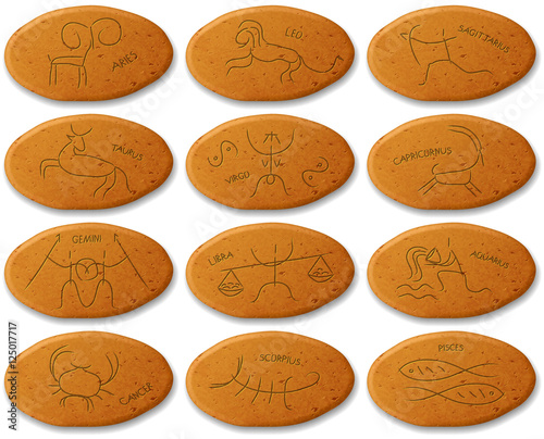 Set of zodiacal constellations in the form of petroglyphs and cave paintings, drawings on the rocks, isolated object