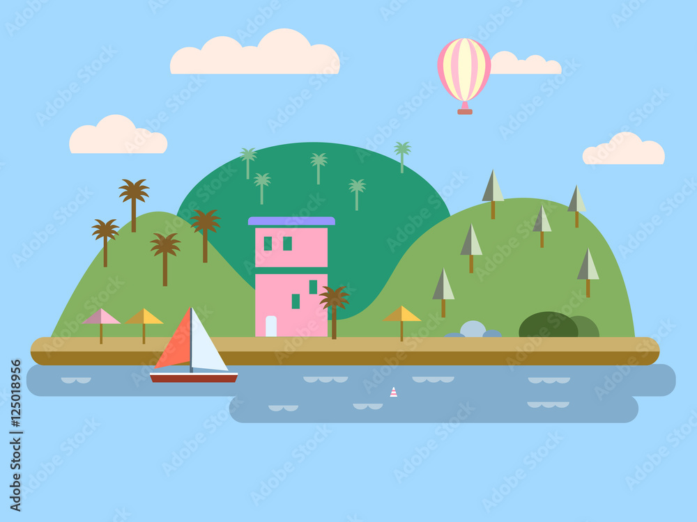 Islands, green hills, blue skies, water, trees, balloons, boat sails, home white cloud Modern flat design background design element vector