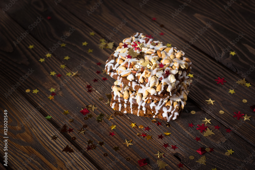 piece of cake, cookies with nuts and white icing, Christmas star piece of cake, cookies with nuts and white icing, Christmas star