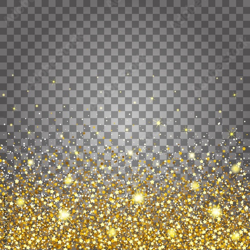 Effect of flying parts gold glitter luxury rich design background. Light gray background bottom. Stardust spark the explosion on a transparent background